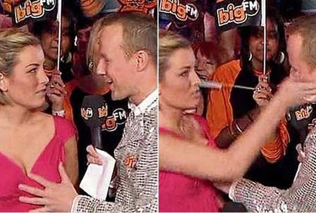Em 2009, o apresentador alemão Hans Blomberg colocou a mão no peito da colega Susanka Bersin durante a apresentação ao vivo do programa 'Bundesvision Song Contest', do canal Pro Sieben, e levou um tapa na cara.  (Foto: Reprodução)