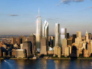 Projeto do novo World Trade Center, com a Freedom Tower se destacando com seus 417 metros - sem contar a antena (Foto: AThe New York Times/Siverstein Properties)