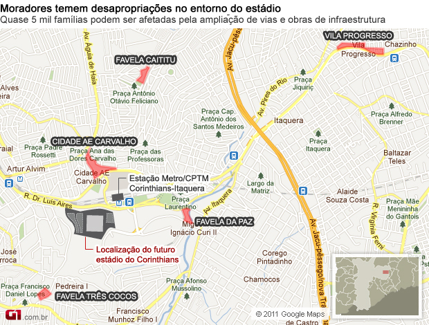 Mapa das áreas que podem ser removidas pelo estádio do Corinthians (Foto: Arte/G1)