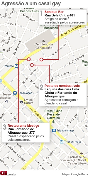 Mapa agressão a gays Avenida Paulista (Foto: Arte/G1)