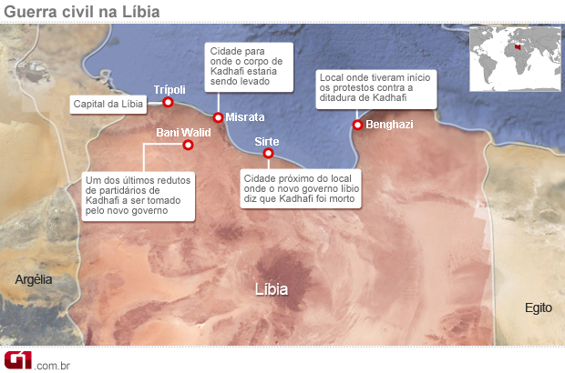 Mapa mostra os principais locais da guerra civiil líbia após a morte kadhafi (Foto: Editoria de Arte/G1)