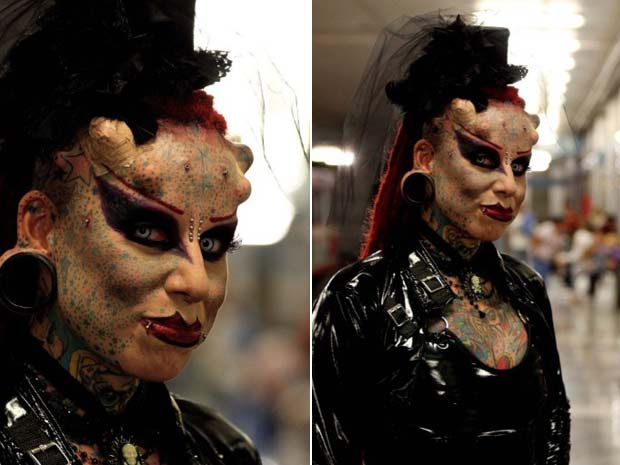 A mexicana María Jose Cristerna é conhecida como 'Mulher Vampiro'. Entre as modificações corporais, ela implantou chifres de titânio na cabeça e presas na boca. (Foto: Hector Guerrero/AFP)
