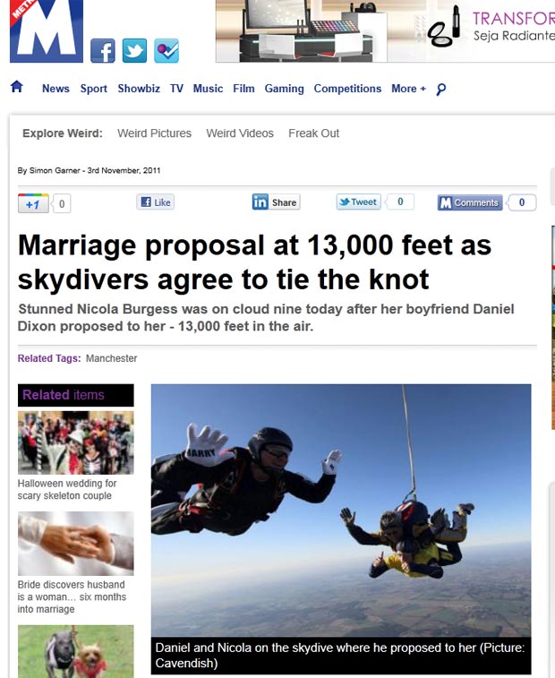 Daniel Dixon pediu a namorada Nicola Burgess em casamento durante salto de paraquedas. (Foto: Reprodução/Metro)