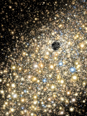Ilustração da movimentação de estrelas na região central de uma galáxia elíptica gigante (Foto: Gemini Observatory/AURA/Lynette Cook)