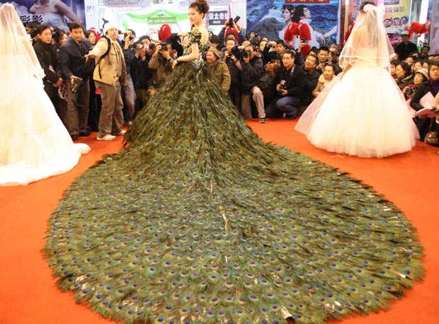 Modelo exibe vestido de casamento decorado com 2.009 penas de pavão. (Foto: AFP)