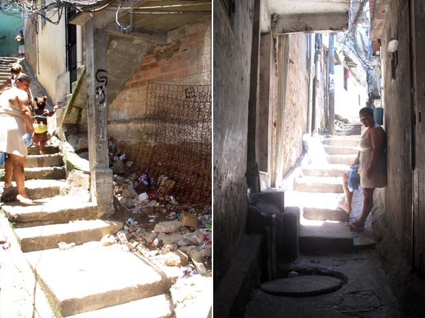 Desviar do lixo, da enxurrada que desce pelas escadas quando chove, e dos bueiros: o 'triatlo da pobreza' (Foto: Bernardo Tabak/G1)