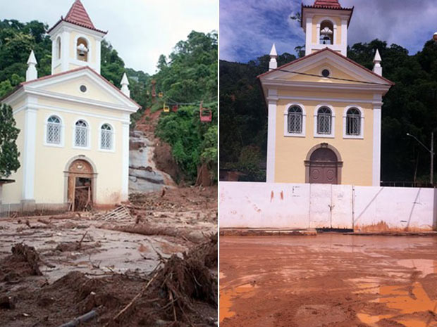 Capela atingida pela chuva em Nova Friburgo (Foto: Montagem de fotos de Celso Pupo e Thamine Leta)