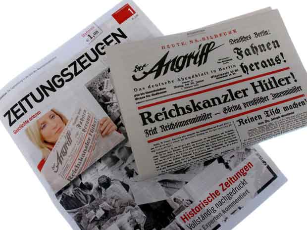 Edição de 5 de janeiro do jornal 'Zeitungszeugen', de Munique, com reedição do jornal nazista 'Der Angriff' (O Ataque), de 30 de janeiro de 1933 (Foto: AFP)