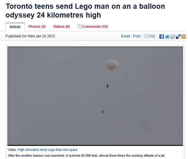 Usando um balão caseiro, estudantes enviaram um boneco Lego ao 'espaço'. (Foto: Reprodução)