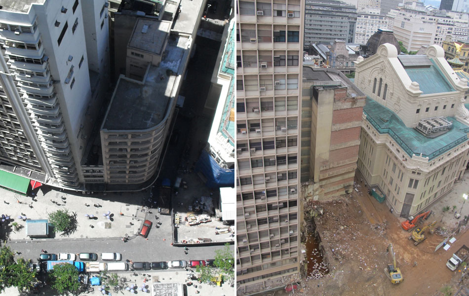 Imagens de janeiro de 2009 (esq.) e deste domingo, 29 de janeiro, permitem comparar a esquina onde ocorreu o desabamento