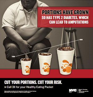“As porções aumentaram, e a diabetes tipo 2 também”, diz o anúncio da prefeitura de Nova York (Foto: Divulgação)