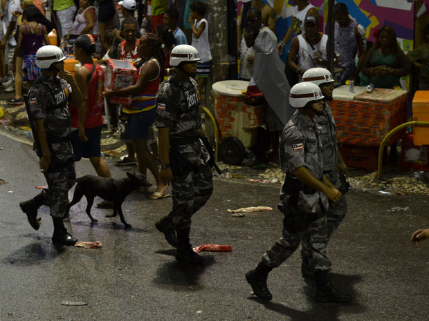 Cachorrinho que segue policiais militares na ronda do carnaval em Salvador ainda não recebeu apelido ou nome por parte dos soldados e oficiais (Foto: Eduardo Freire/G1)
