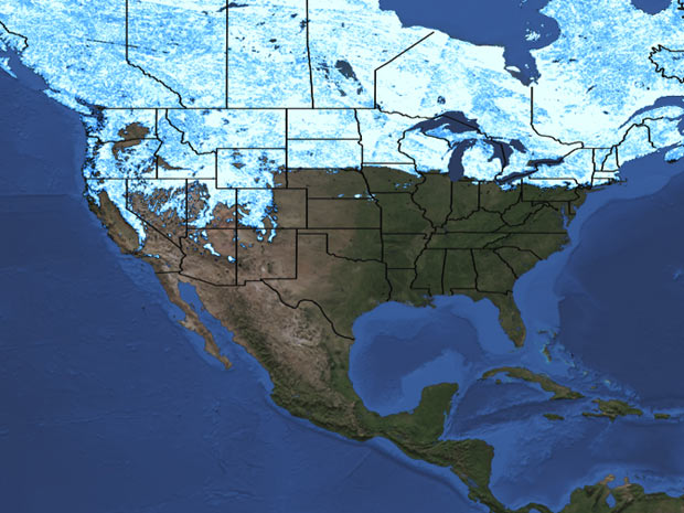 Em 2011, área coberta pela neve era maior e incluia, por exemplo, região em torno dos Grandes Lagos, mostrados no canto superior à direita (Foto: Divulgação / NASA/MODIS)