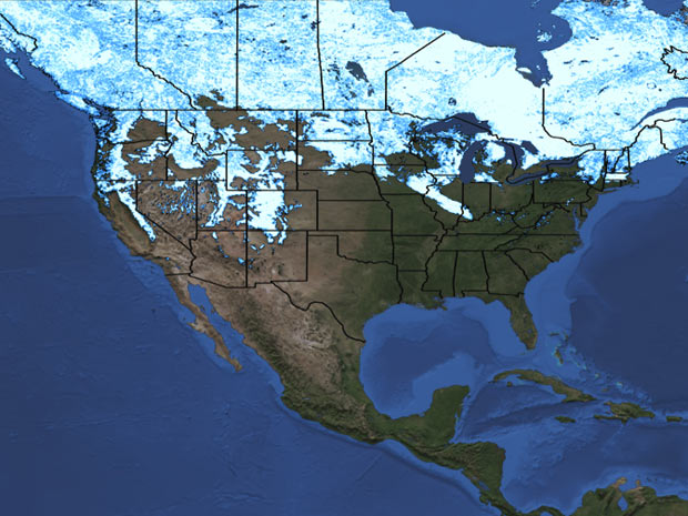 Em 2012, uma extensão menor dos EUA aparece em branco no mapa da Nasa. (Foto: Divulgação / NASA/MODIS)