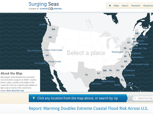 No site do relatório é possível pesquisar por estado, cidade e CEP as áreas que podem ser alagadas com o aumento do nível do mar. (Foto: Reprodução / Surging Seas)