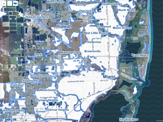 A Flórida, onde fica Miami, é uma das áreas que mais sofreriam os impactos de uma elevação de 1,2 metro do nível do mar. (Foto: Reprodução / Surging Seas)