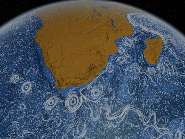 Imagem da Nasa mostra correntes marítimas na região da África Austral (Foto: NASA/Goddard Space Flight Center Scientific Visualization Studio)