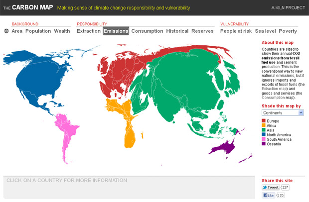 Com relação às emissões atuais de carbono, China, Índia, Japão, EUA e Europa têm um peso maior que o restante do mundo. (Foto: Divulgação / The Carbon Map)
