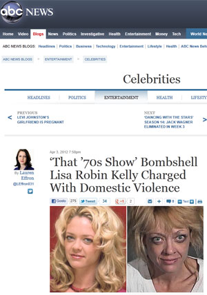Lisa Robin Kelly, como Laurie na época do 'That 70's Show' e após ser presa no sábado (31) (Foto: Reprodução/ABC News)