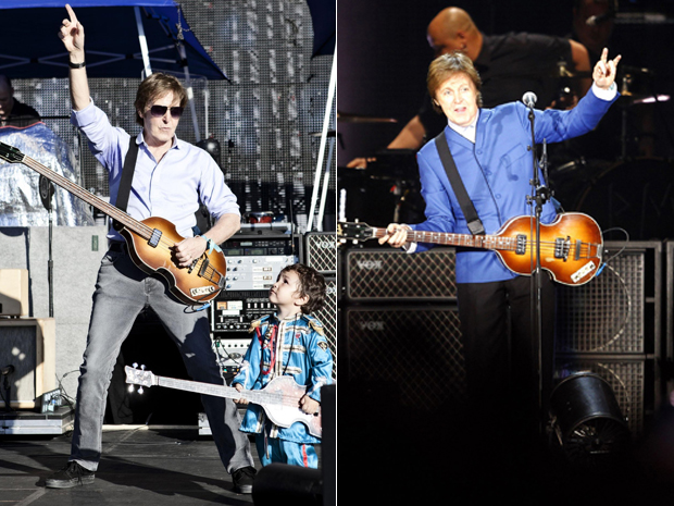Paul McCartney divide palco com o garoto Ichiro, vestido com a roupa do disco Sgt Peppers, na passagem de som em Montevidéu. O menino de dois anos viajou com seus pais da Argentina para o Uruguai para ver a apresentação. Ele foi convidado para ficar no palco com Paul. Os shows de McCartney no Brasil serão realizados nos dias 21 e 22 de abril, no estádio Arruda, no Recife, e no dia 25 do mesmo mês, no estádio Ressacada, em Florianópolis. (Foto: AP)