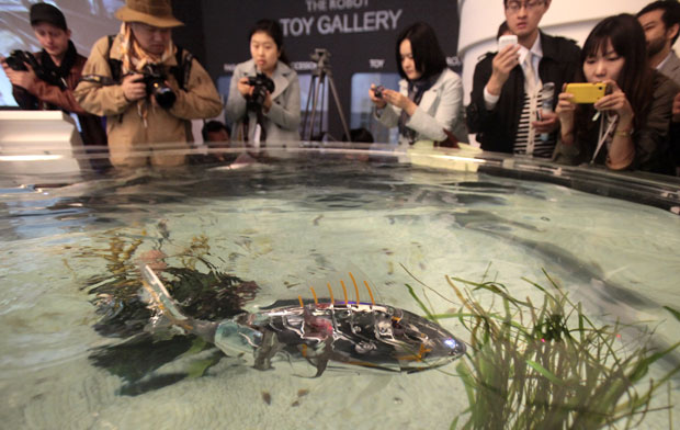 Uma feira na Coreia do Sul tem como atração um peixe-robô, que nada em uma piscina em um dos pavilhões. A EXPO 2012 ocorre na cidade de Yeosu até agosto e tem como tema 'O oceano vivo e as costas' (Foto: Ahn Young-joon/AP)