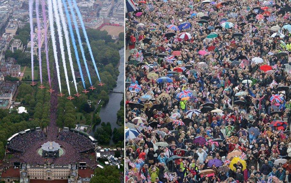 A chuva não espantou a multidão de britânicos e turistas que se aglomerou em frente ao Palácio de Buckingham para a homenagem á rainha, que contou ainda com apresentação da equipe de acrobacia da Força Aérea Real britânica