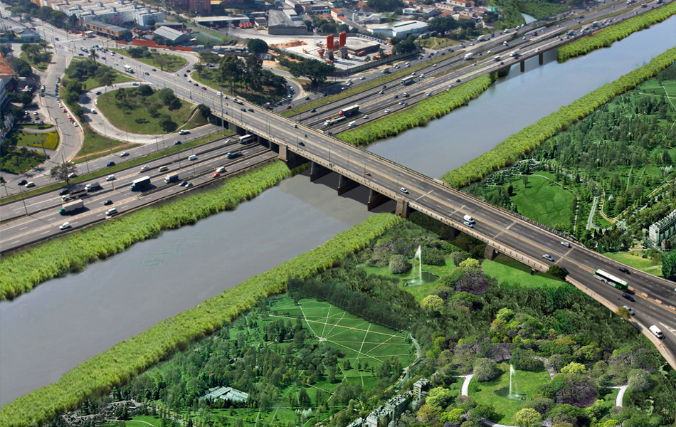 Concepção artística mostra como ficaria a Marginal Tietê com margem transformada em área verde.