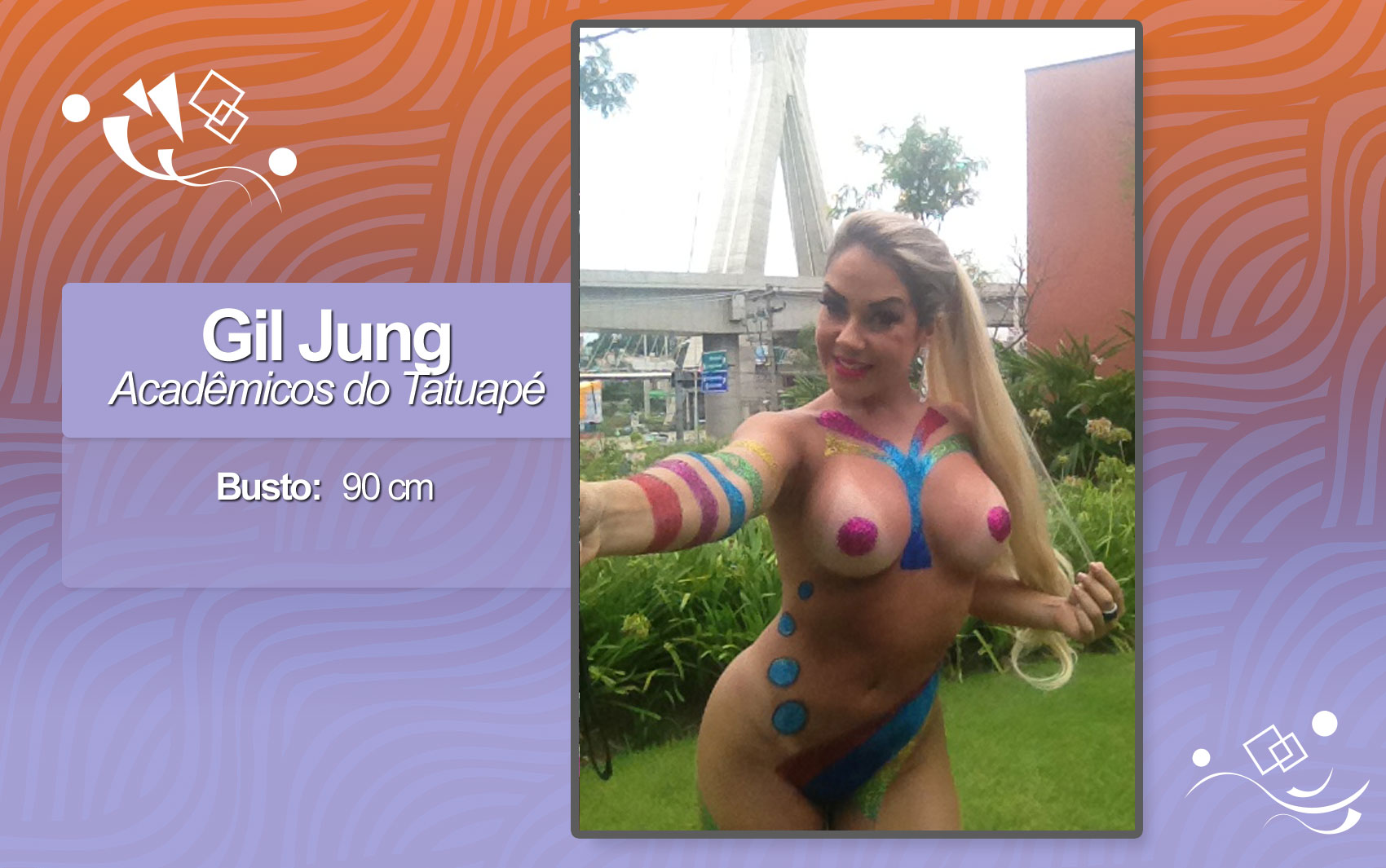 Rainha de bateria da Acadêmicos do Tatuapé, Gil Jung tem 29 anos e é cheia de ousadia, carisma e perfeição. A bela tem um corpo definido com seus 55 kg, uma cinturinha de 57 cm e 1,63 m