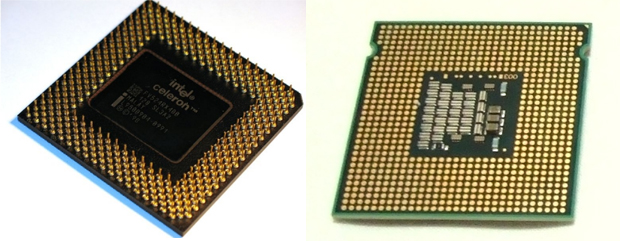 Exemplo de processador normal, à esquerda, e um processador embarcado, soldado diretamente à placa. (Foto: Divulgação/Divulgação)