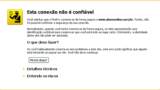 Protocolo de segurança da página "Aluno online" da Universidade do Estado do Rio de Janeiro (Uerj). (Foto: Reprodução)