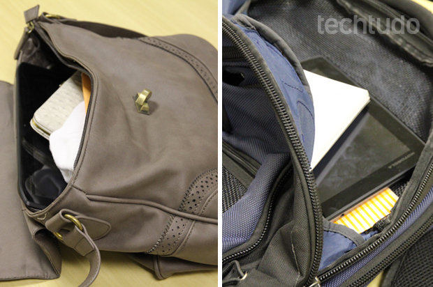 Xoom 2, dentro de uma bolsa feminina e de uma mochila (Foto: Marlon Câmara / TechTudo)