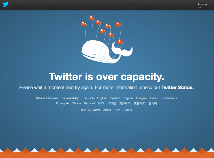 Nova página da "fail whale" do Twitter - a famosa baleia que aparece quando o serviço está falhando (Foto: Reprodução/Twitter)