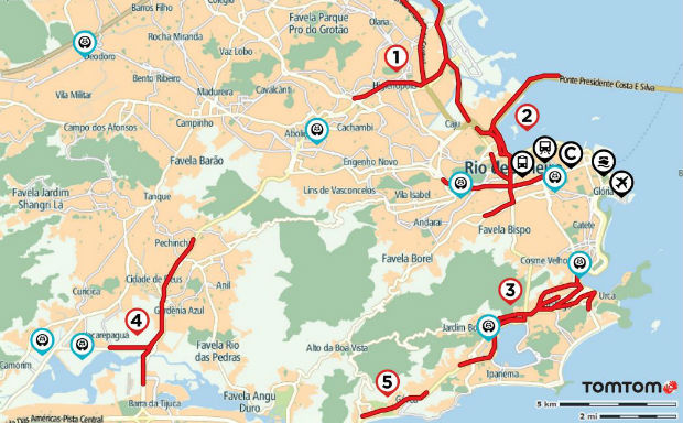 Captura de mapa do Rio de Janeiro com rotas campeãs de congestionamento. (Foto: Reprodução)
