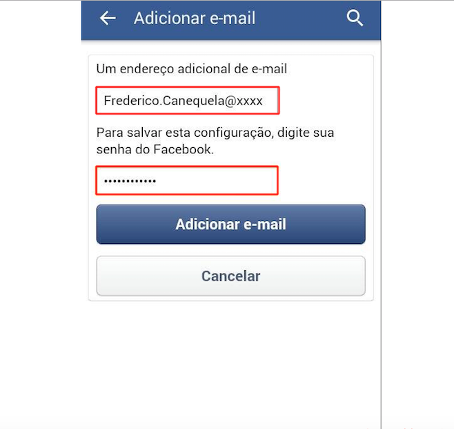 Adicine o novo e-mail e introduza sua senha do Facebook (Foto: Reprodução)