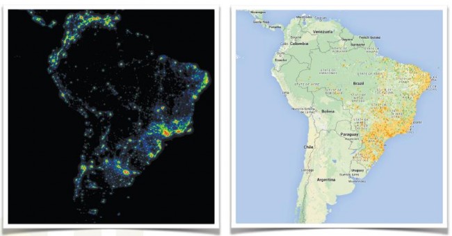 Comparativo entre a visão noturna do território brasileiro e o Mapa de Qualidade da Internet (Foto: Reprodução/Fabrício Tamusiunas)