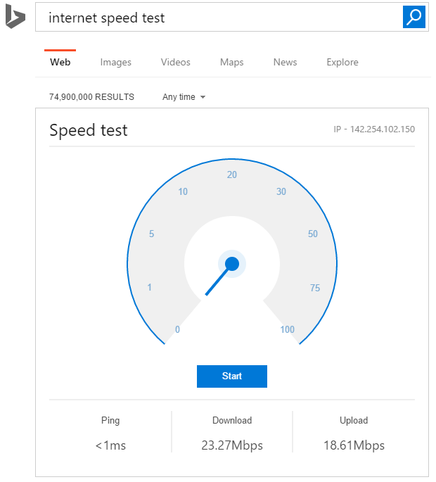 Widget mede a velocidade da conexão no Bing (Reprodução/VentureBeat)