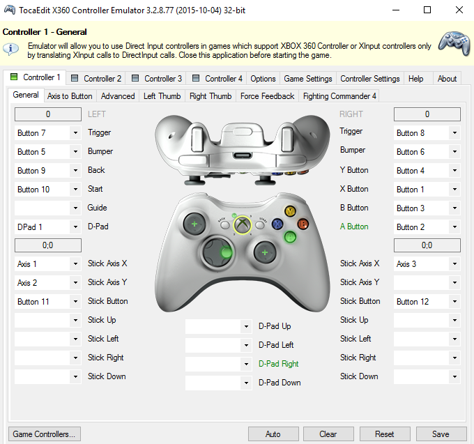 Tela principal do X360ce, em que o jogador pode testar os botões do seu controlador (Reprodução/Paulo Souza Júnior)