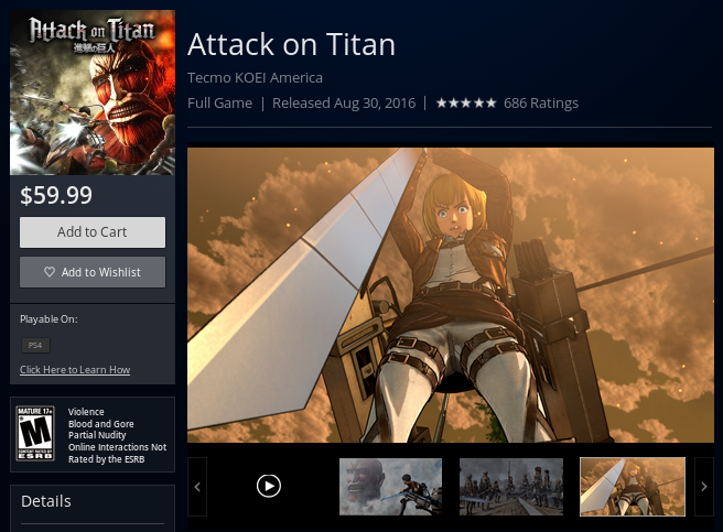 Página de Attack on Titan na PlayStation Store (Foto: Reprodução/PlayStation Store)