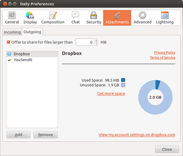 O espaço disponível no Dropbox é mostrado em um menu. (Foto: Divulgação / Dropbox for Filelink)